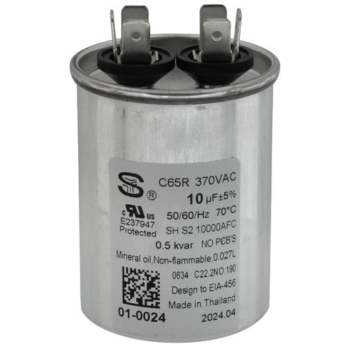 Nordyne 01-0024 capacitor - front view (MFD: 10; Product Type: Capacitor)