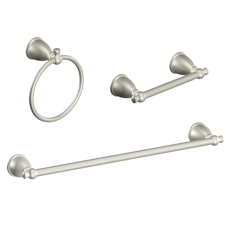Moen Caldwell 3-Piece Decorative Bathroom Hardware Set, Brushed Nickel - 18-in Towel Bar, Pivoting Toilet Paper Holder, Towel Ring