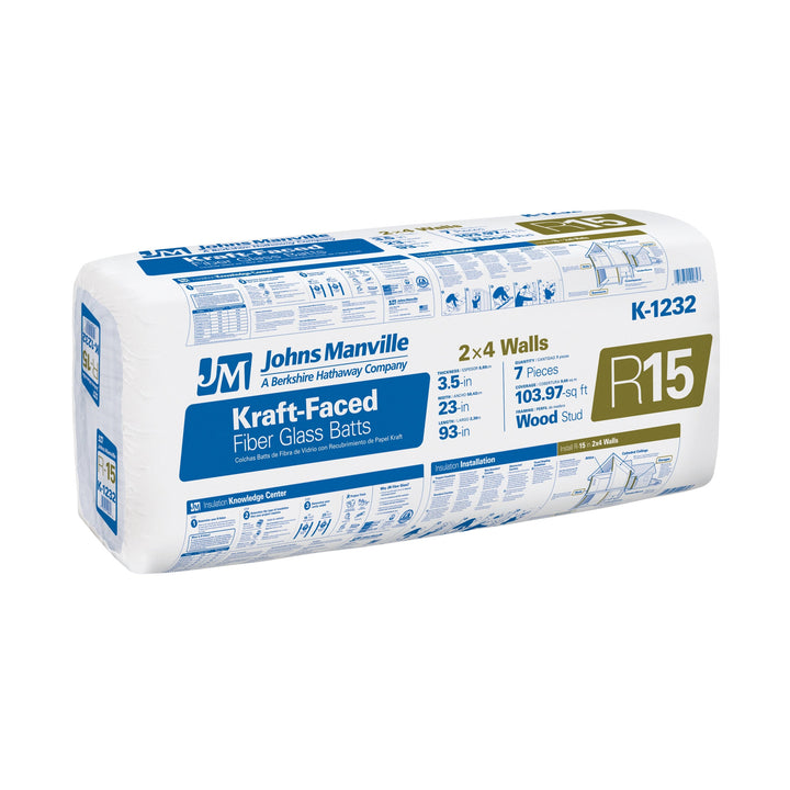 Johns Manville R-15 Kraft-Faced Fiberglass Batt Insulation, 103.97-sq ft Coverage (23 in W x 93 in L) – K1232S