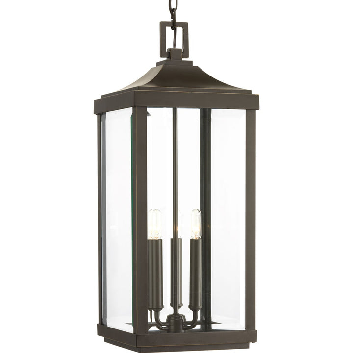 Progress Lighting Gibbes Street 3-Light Antique Bronze Traditional Beveled Glass Lantern Medium Indoor/Outdoor Hanging Pendant Light