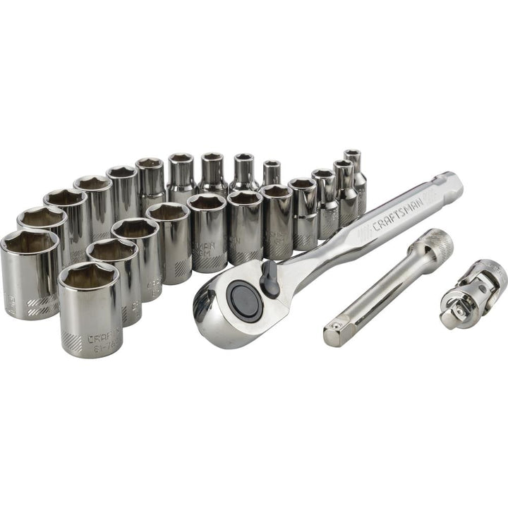 CRAFTSMAN VERSASTACK 24-Piece Standard (SAE) and Metric Gunmetal Chrome Mechanics Tool Set, 1/4-in Drive, Hard Case