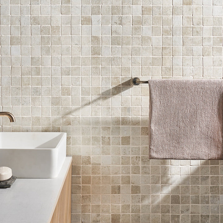 Seville Olimpia White 2x2 Porcelain Mosaic Tile - Travertine Look