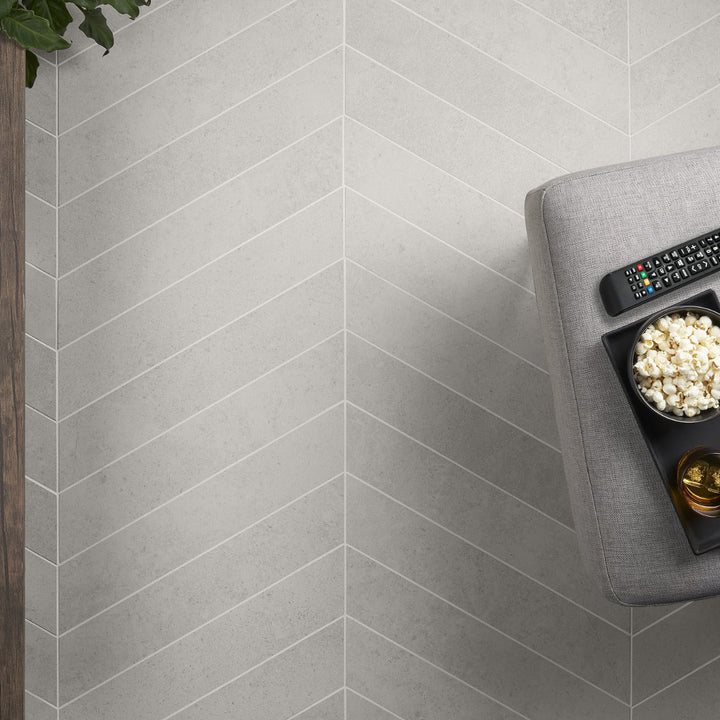 Lux Tile New Rock Perla White 4x21 Chevron Matte Porcelain Tile