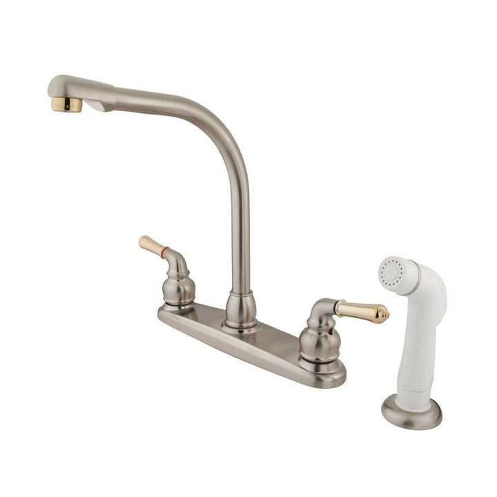 Elements of Design Magellan Brushed Nickel/Polished Brass 2-Handle High-Arc Kitchen Faucet with Deck Plate and Side Sprayer