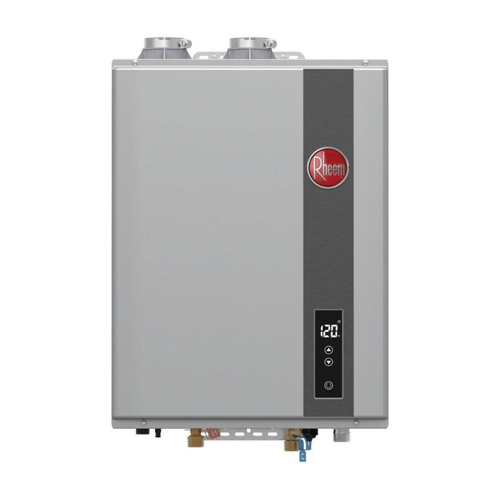 Rheem RRTGH68DVLN3701169 120 MBH Indoor Condensing Natural Gas Tankless Water Heater shown centered on a square white background
