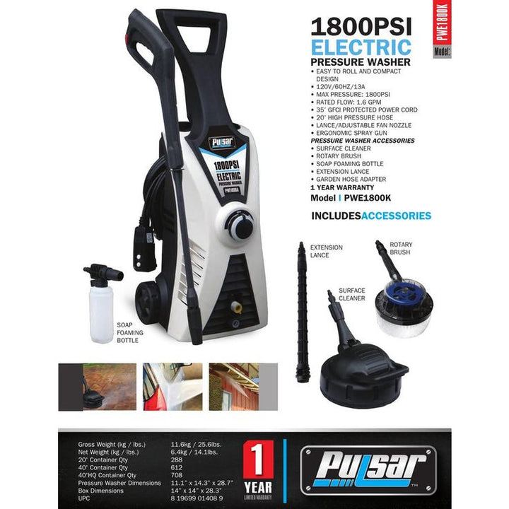 Pulsar 1,800-PSI 1.6 GPM Electric Pressure Washer