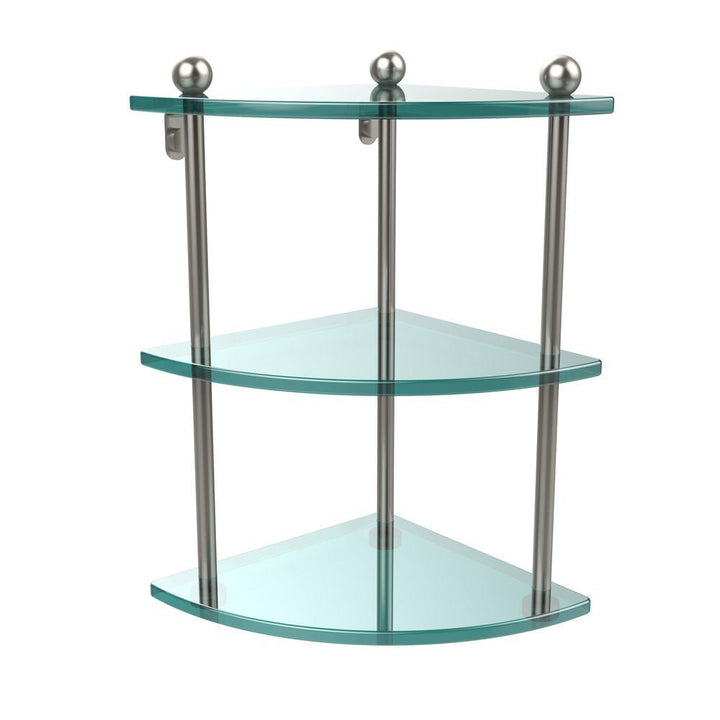 8 in. L x 15 in. H x 8 in. W 3-Tier Corner Clear Glass Bathroom Shelf in Satin Nickel - Super Arbor