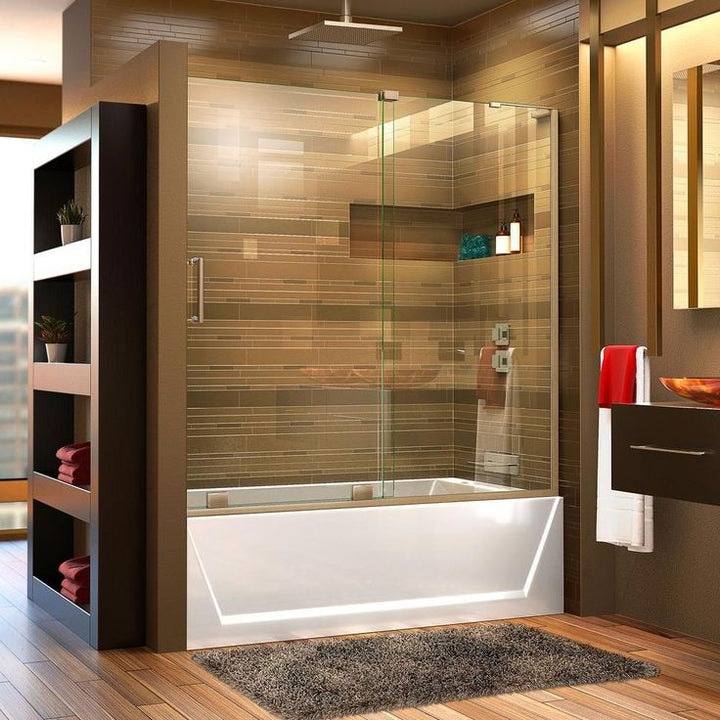 DreamLine Mirage-X 56 to 60 in. W x 58 in. H Semi-Frameless Sliding Tub Door, Brushed Nickel