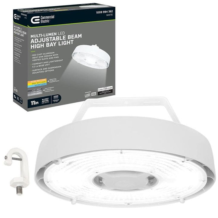 Commercial Electric 11 in. Adjustable CCT Multiple Lumens 100-Watt Round Integrated LED High Bay Light 120-277V Mounting Options