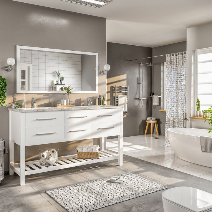 Eviva Natalie 60"W x 22"D Gray Double Sink Bathroom Vanity with White Carrara Marble Countertop and Undermount Porcelain Sinks