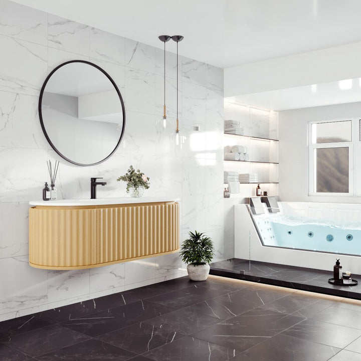 Eviva Haven 48"W x 22"D Natural Oak Wall Mount Bathroom Vanity with White Solid Surface Countertop and Integrated Sink