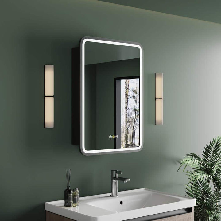 HBEZON Thalia 20 in. W x 28 in. H Rectangular Iron Black Recessed Medicine Cabinet with Mirror, LED Lighting, Anti-fog