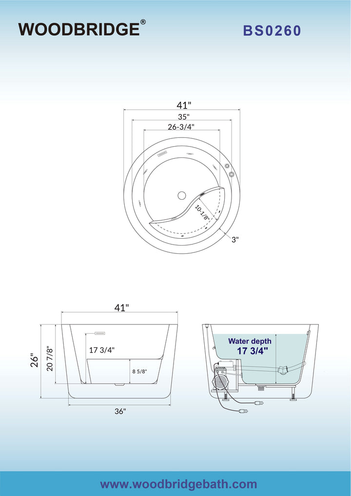 WOODBRIDGE 41 in. x 41 in. Acrylic Round Whirlpool Bathtub with Inline Heater, Pre‑Molded Seat, Reversible Drain, White