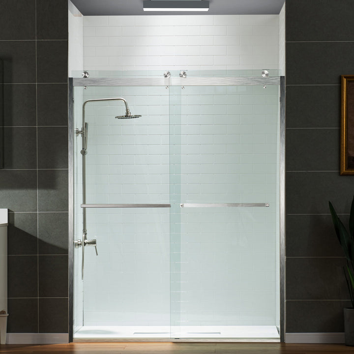 Westfield 56 in. to 60 in. x 76 in. Frameless Sliding Shower Door with Shatter Retention Glass in Brushed Nickel Finish