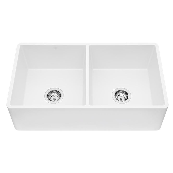 Matte Stone White Composite 33 in. Double Bowl Reversible Flat Farmhouse Apron-Front Kitchen Sink with 2 Strainers - Super Arbor