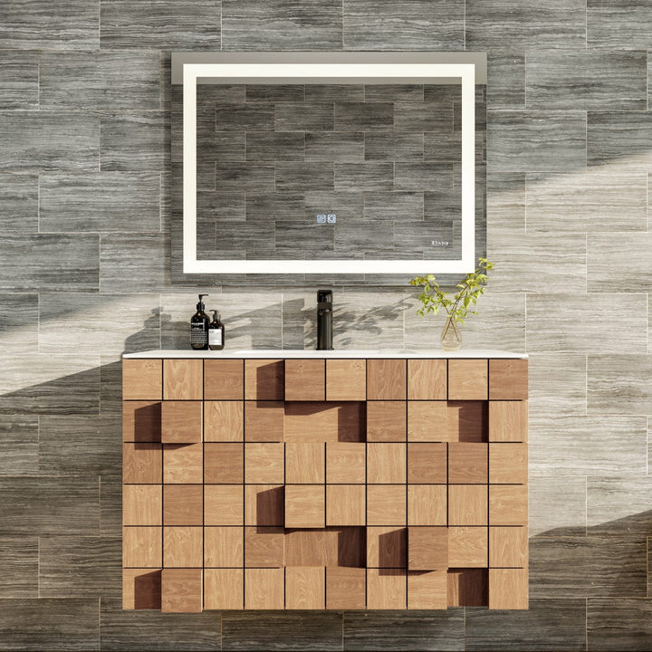 Eviva Mosaic 36"W x 20"D Natural Oak Wall Mount Bathroom Vanity with White Solid Surface Countertop and Integrated Sink