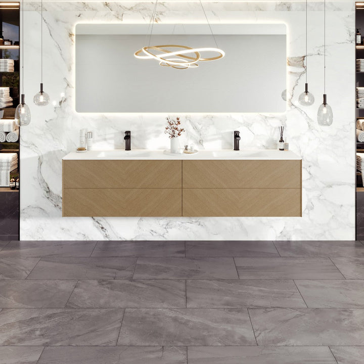 Eviva Lotus 71"W x 19"D Natural Oak Wall Mount Double Sink Bathroom Vanity with White Solid Surface Countertop and Integrated Sinks