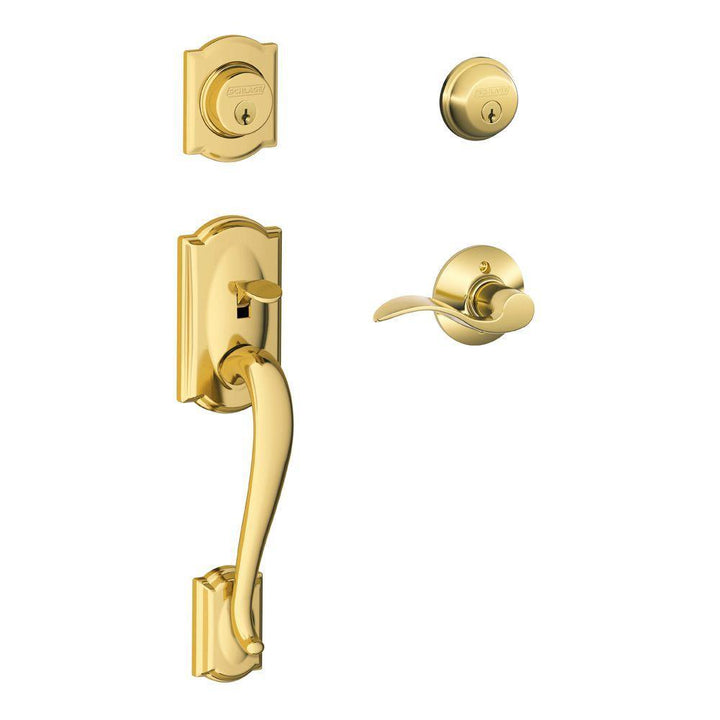 Camelot Bright Brass Double Cylinder Deadbolt with Right Handed Accent Lever Door Handleset - Super Arbor