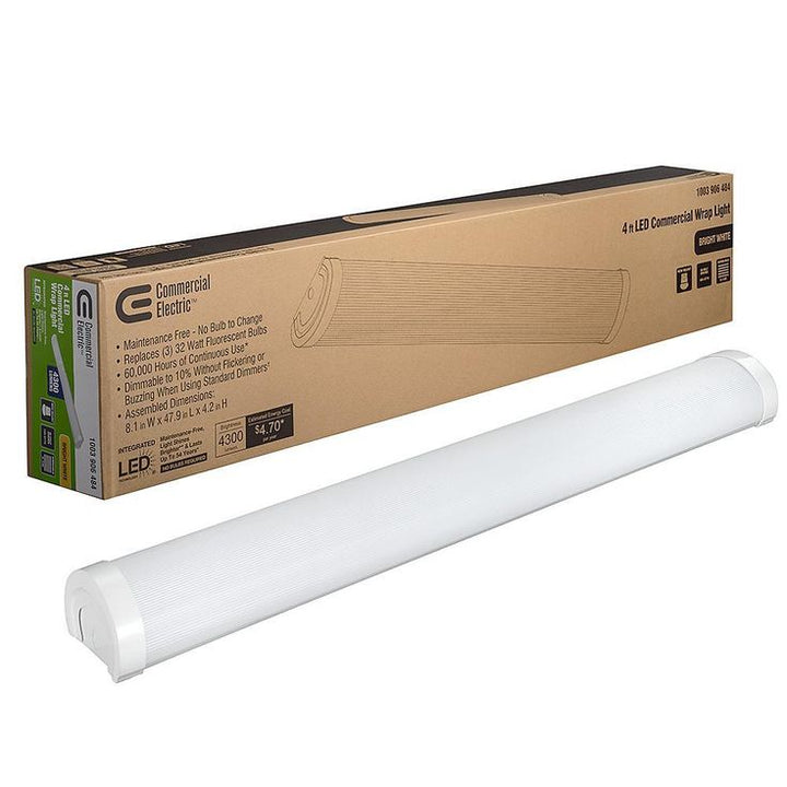 4 ft. 4300 Lumens Integrated LED White Commercial Wraparound Light Multi-Volt Dimmable Captive Hinged Lens Row Mount