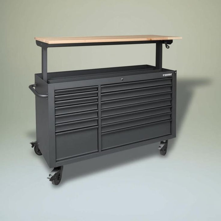 Husky 62 in. 14-Drawer Adjustable Height Mobile Workbench with Solid Wood Top