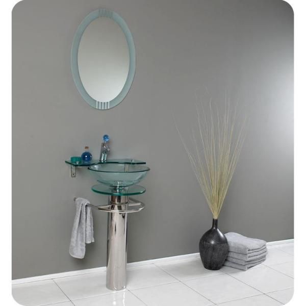Fresca Ovale Vessel Sink in Clear Glass with Stand in Chrome and Frosted Edge Mirror