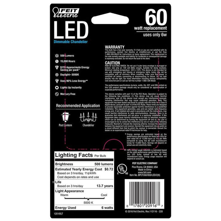 Feit Electric 60-Watt Equivalent B10 Candelabra Dimmable Filament Clear Glass Chandelier LED Light Bulb, Daylight (12-Pack)