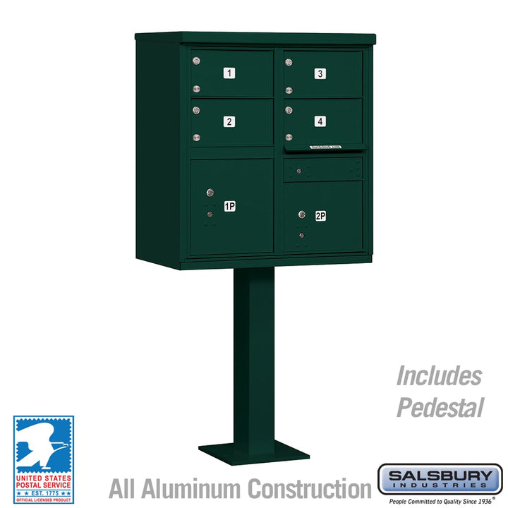 Cluster Box Unit with 4 Doors and 2 Parcel Lockers in Green with USPS Access