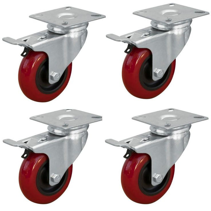 3 in. Dia Swivel Double Lock Polyurethane Plate Casters in Red (4-Pack)