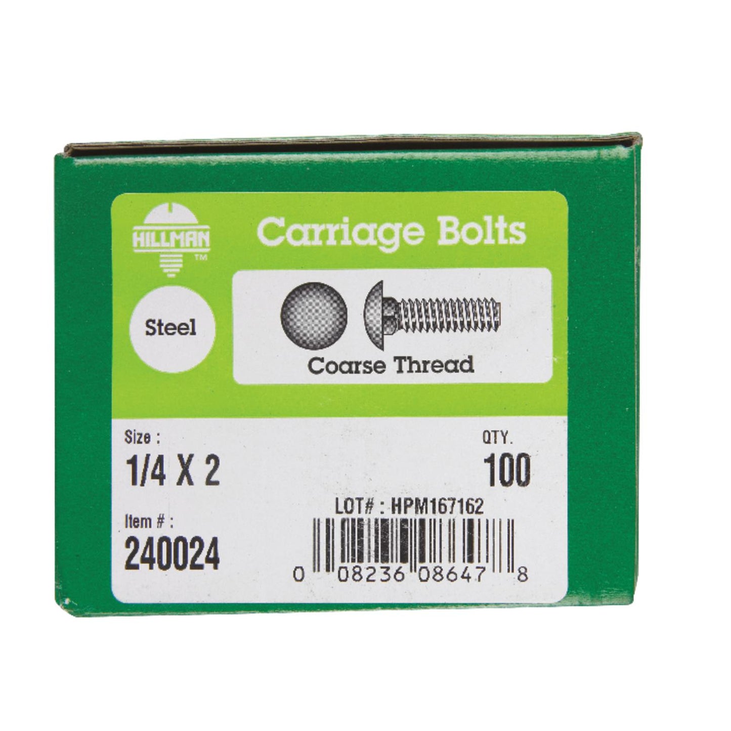 Hillman 1/4 in. x 2 in. Zinc-Plated Steel Carriage Bolts, Coarse Thread, 100 Pack