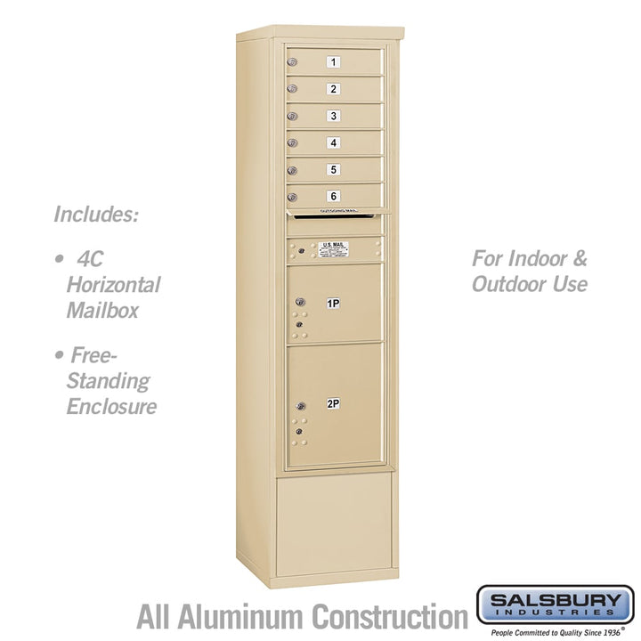 Maximum Height Free-Standing 4C Horizontal Mailbox with 6 Doors and 2 Parcel Lockers in Sandstone