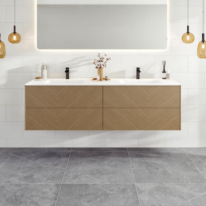 Eviva Lotus 59"W x 19"D Natural Oak Wall Mount Double Sink Bathroom Vanity with White Solid Surface Countertop and Integrated Sinks