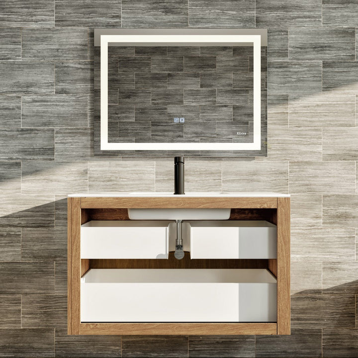 Eviva Mosaic 33"W x 20"D Natural Oak Wall Mount Bathroom Vanity with White Solid Surface Countertop and Integrated Sink