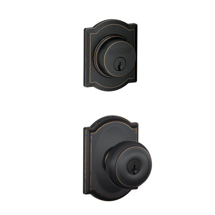 Camelot Aged Bronze Single Cylinder Deadbolt with Georgian Entry Door Knob Combo Pack - Super Arbor