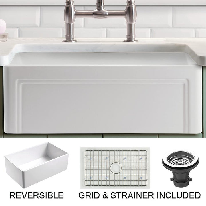 Olde London Farmhouse Fireclay 27 in. Single Bowl Kitchen Sink with Grid with Grid and Strainer - Super Arbor