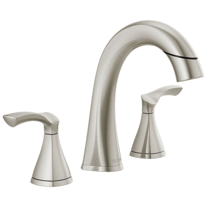 Delta Sandover Spotshield Brushed Nickel 2-handle Widespread WaterSense Bathroom Sink Faucet with Drain