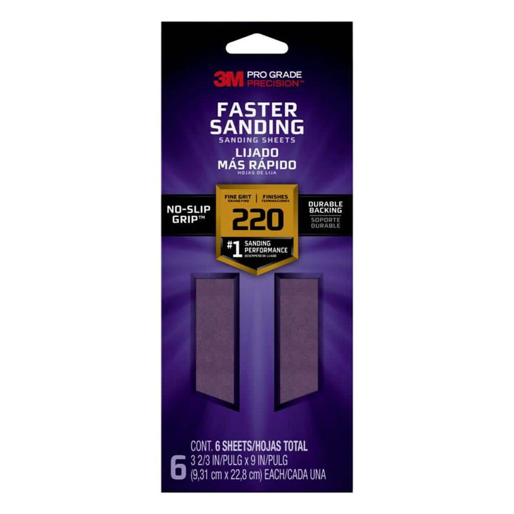 3M Pro Grade Precision 3 2/3 in. x 9 in. Fine 220-Grit Sheet Sandpaper (6-Sheets/Pack)