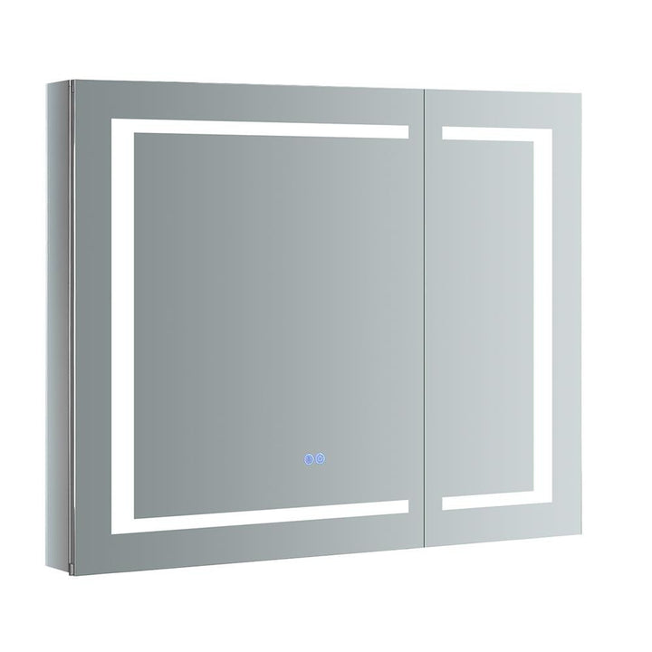 Fresca Spazio 36-in x 30-in Lighted LED Fog Free Surface/Recessed Mount LED Lighting Mirror Mirrored Soft Close Medicine Cabinet with Outlet