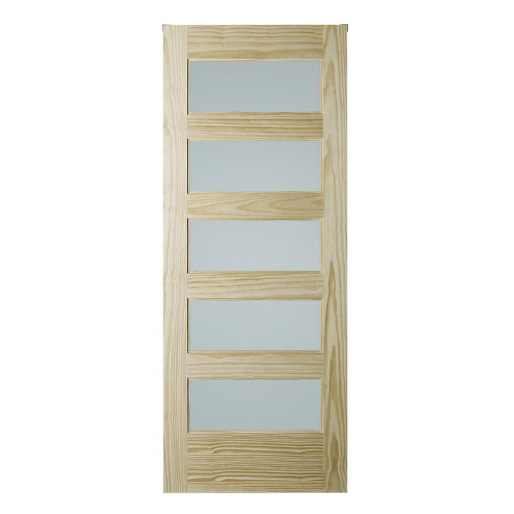 33 in. x 84 in. Unfinished Clear Pine 5-Lite Frosted Interior Barn Door Slab - Super Arbor