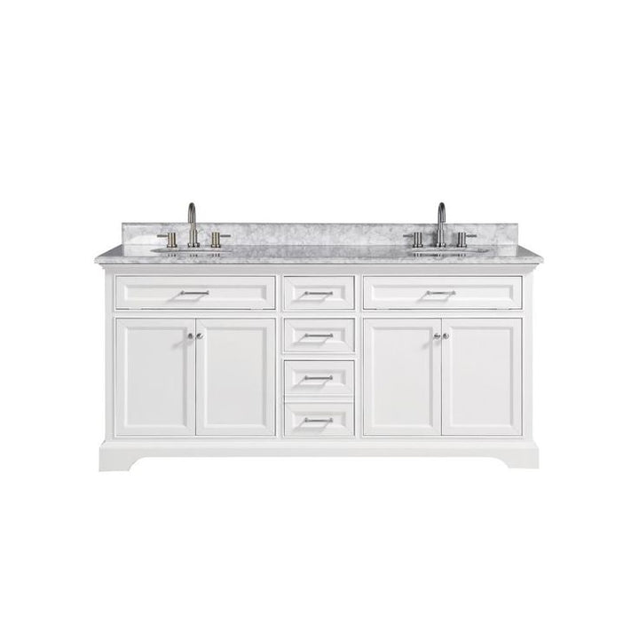 Windlowe 73 in. W x 22 in. D x 35 in. H Bath Vanity in White with Carrara Marble Vanity Top in White with White Sink