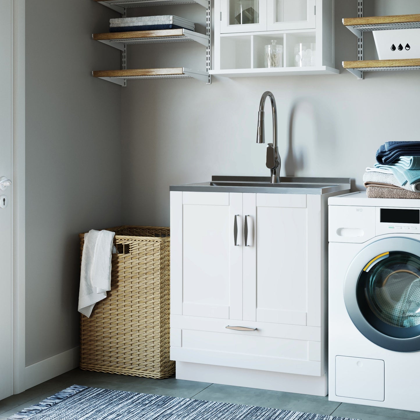 Simpli Home Reed Freestanding Laundry Sink with Cabinet, Drain, and Faucet