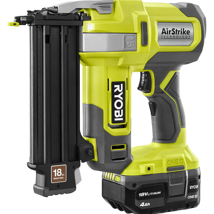 RYOBI 18V ONE+ AirStrike 18-Gauge Cordless Brad Nailer Kit with Sample Nails, 4.0 Ah Battery and Charger