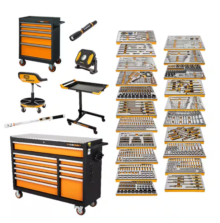 MEGAMOD 52 in. x 18 in. 11-Drawer Mobile Workbench Cabinet with Master Mechanics Tool Set in Foam Trays (1,024-Pieces)