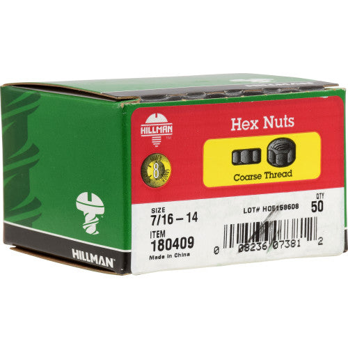 Hillman 7/16 in. Zinc Dichromate Grade 8 Steel USS Hex Nut, Coarse Thread, 50-Pack