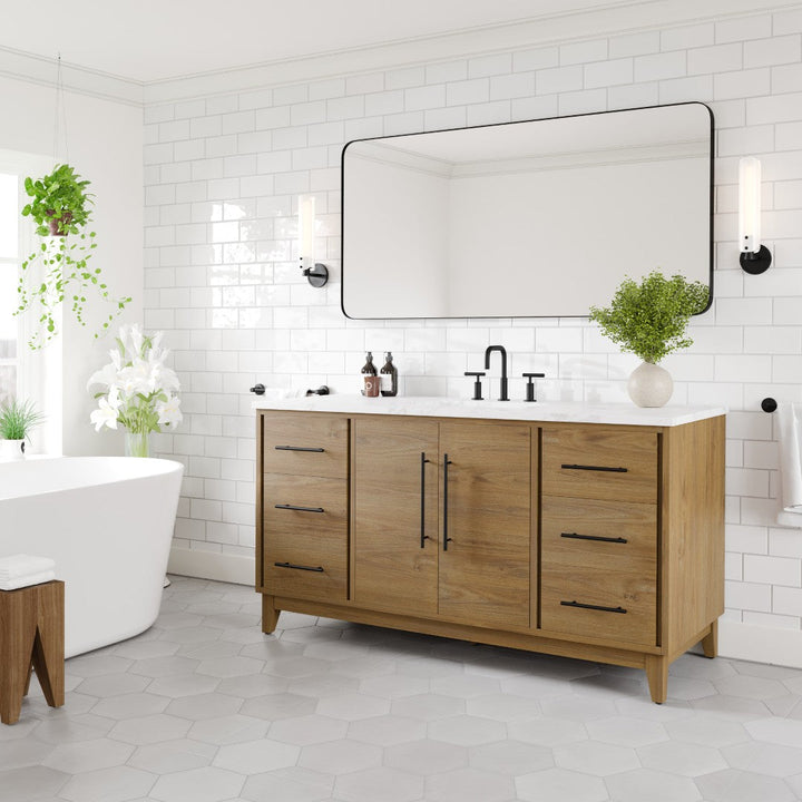 Eviva Graham 60"W x 22"D Oak Bathroom Vanity with White Arabescato Engineered Stone Countertop and Undermount Ceramic Sink