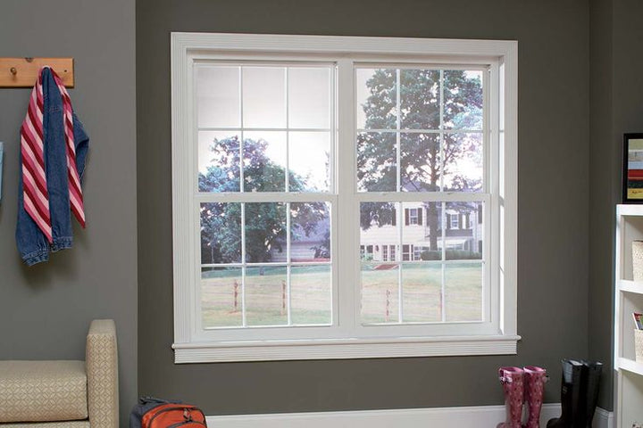 RELIABILT 105 Series New Construction 35-1/2-in x 35-1/2-in x 2-5/8-in Jamb White Vinyl Low-e Argon Single Hung Window with Grids Half Screen Included