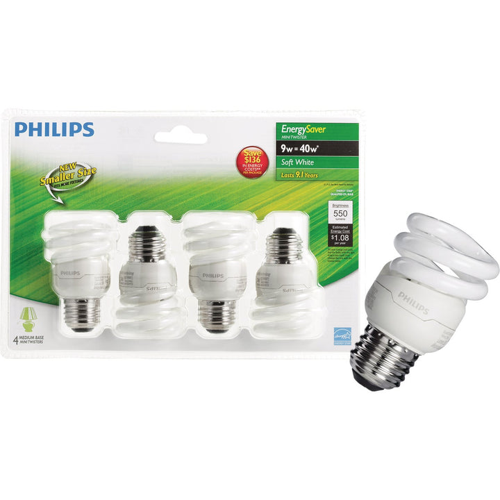 Philips 40-Watt Equivalent CFL MiniTwister Light Bulb, Soft/Bright White 3500K, Medium Base (4-Pack)