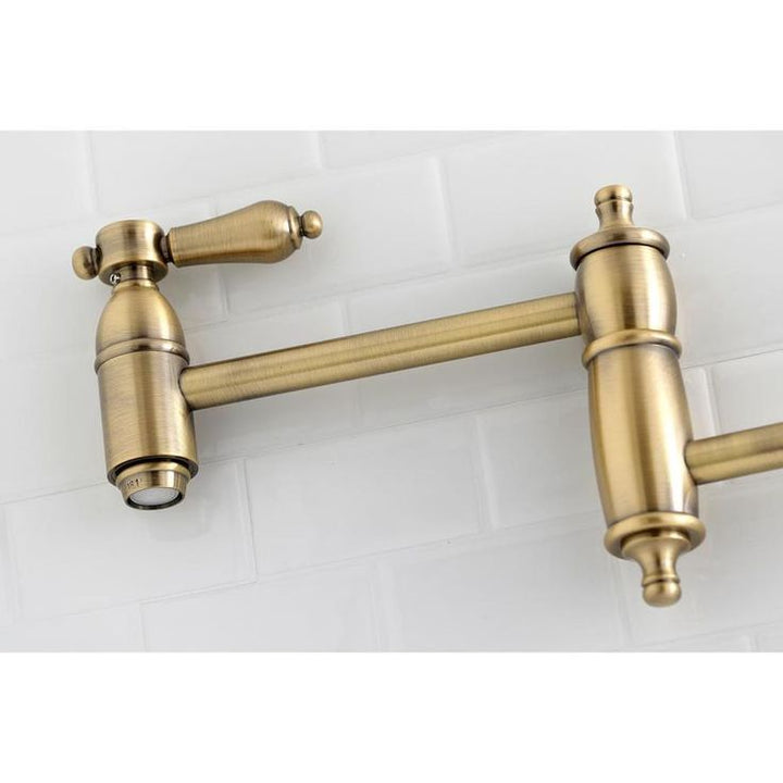 Kingston Brass Heirloom Antique Brass 2-Handle Wall-Mount Pot Filler Handle Kitchen Faucet
