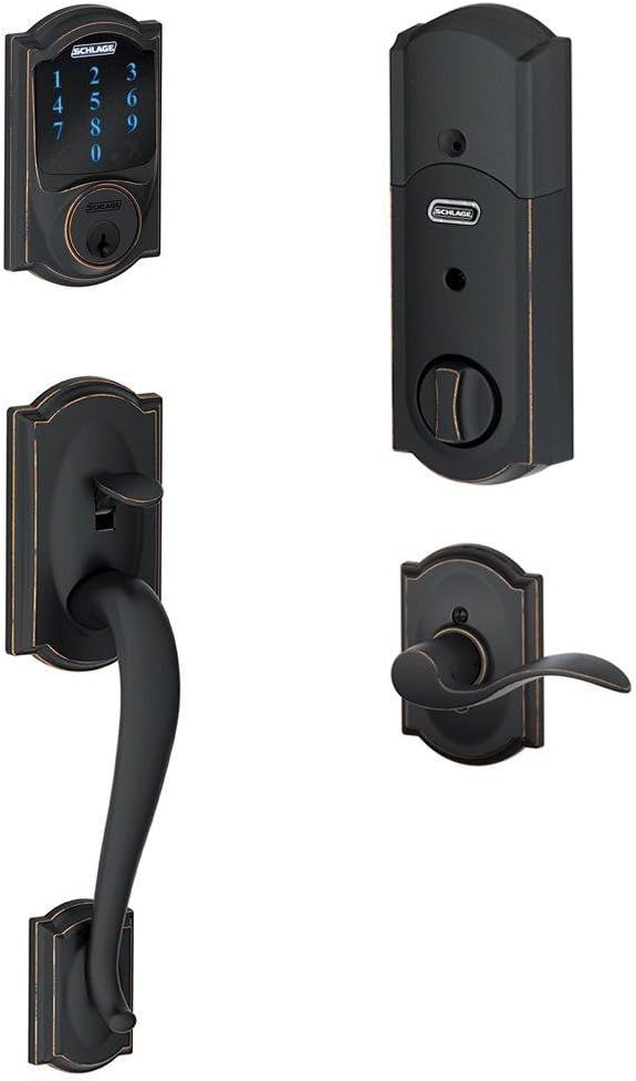 Schlage Camelot Aged Bronze Connect Smart Lock with Built‑In Alarm and Accent Lever Handleset, Left-Hand, Z-Wave