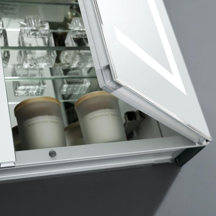 Spazio 36 in. W x 30 in. H Recessed or Surface Mount Medicine Cabinet with LED Lighting and Mirror Defogger