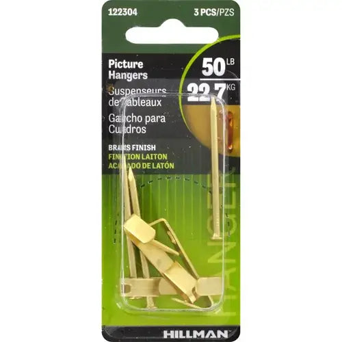 Hillman AnchorWire Brass-Plated Gold Conventional Picture Hangers, 50 lb Capacity, 3-Pack